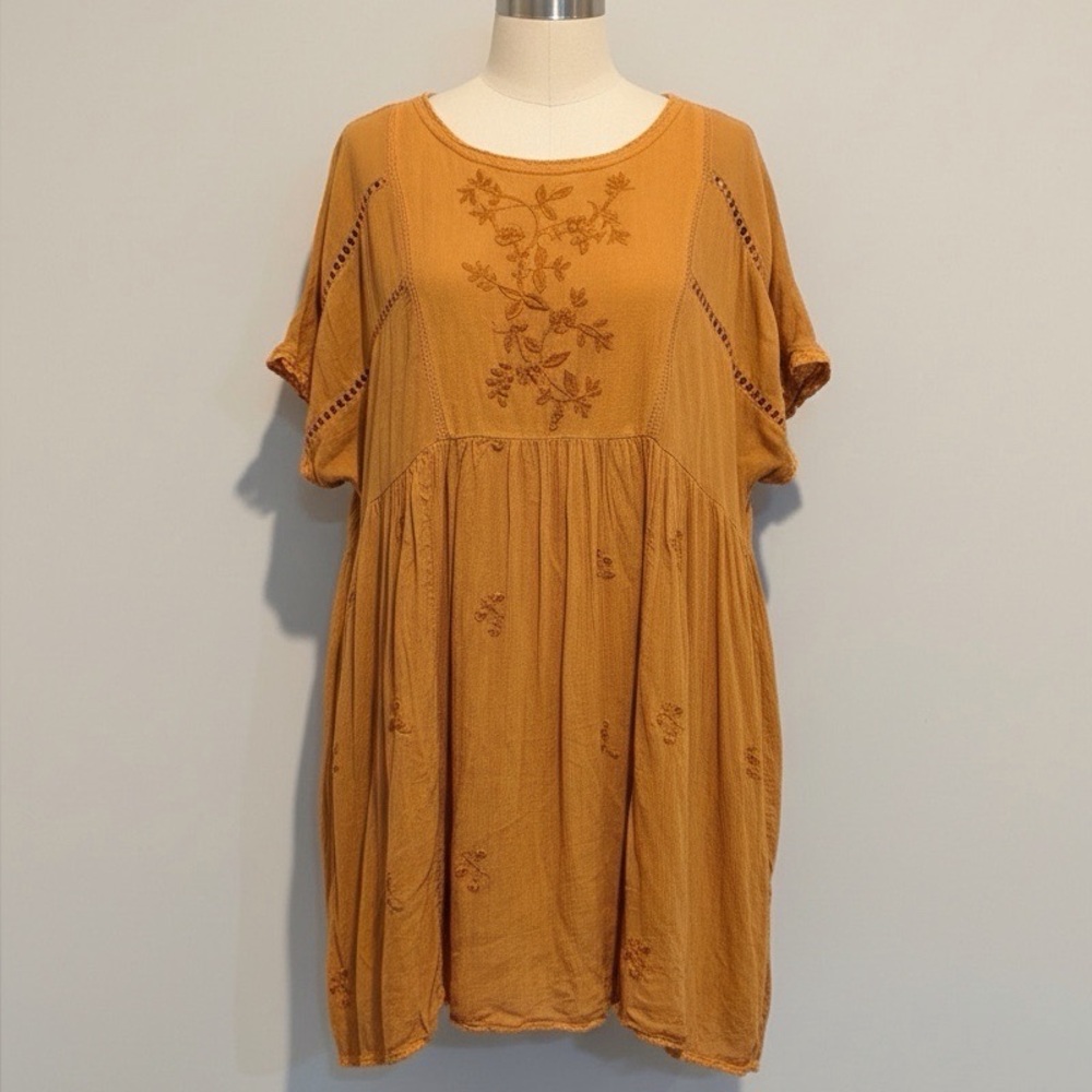 For The REPUBLIC Shift Tunic Dress Burnt Orange Size Medium Embroidered Babydoll